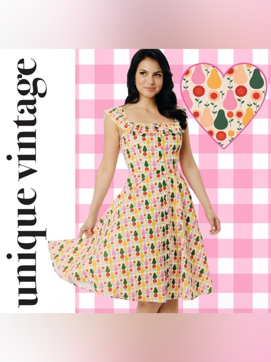 Unique Vintage Dresses & Skirts - Unique Vintage Magnolia Place Multicolored Pear Print Barbara Swing Dress, NWT!